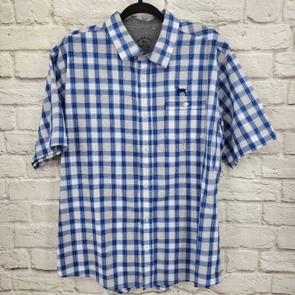 BLACK DOG Beachfront Collection Plaid Button Up Short Sleeve Men's Shirt Large